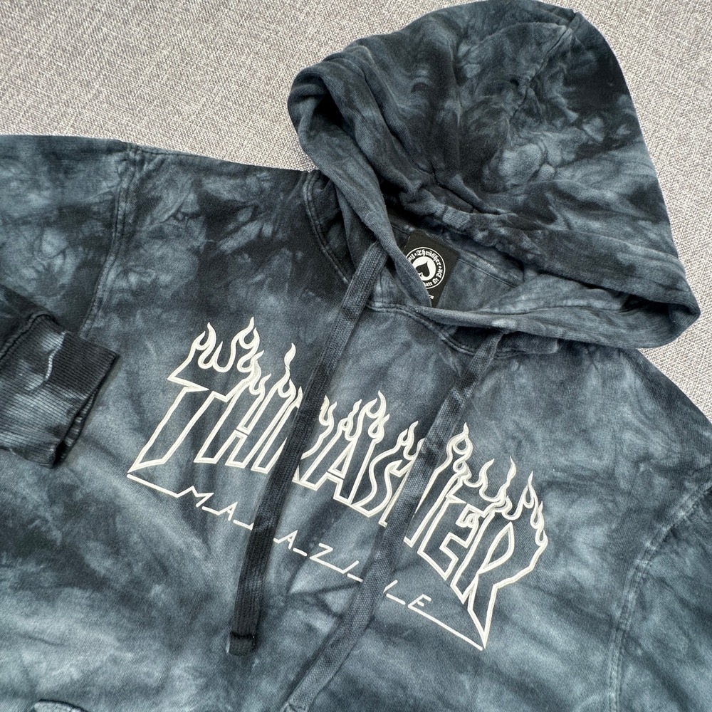 Vintage Y2K Thrasher Skateboard Hoodie Mens S Black Tie Dye Flames Dyenomite Tag